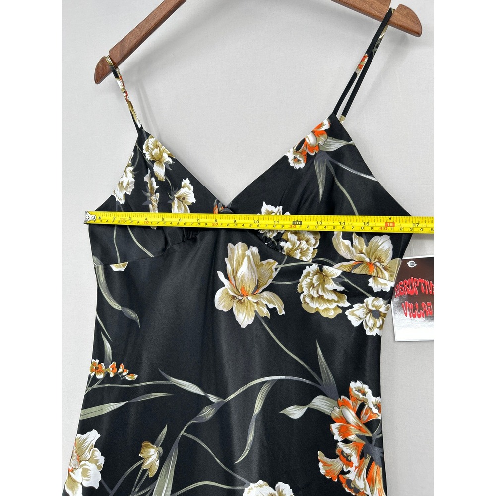 Black Floral Satin Slip Dress V-Neck Adjustable Straps Womens Medium - Picture 9 of 16